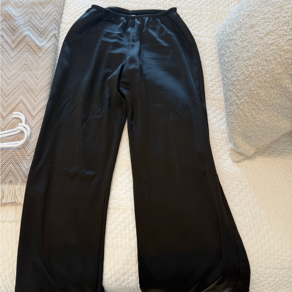 Black Satin Wide-Leg Lounge Pants